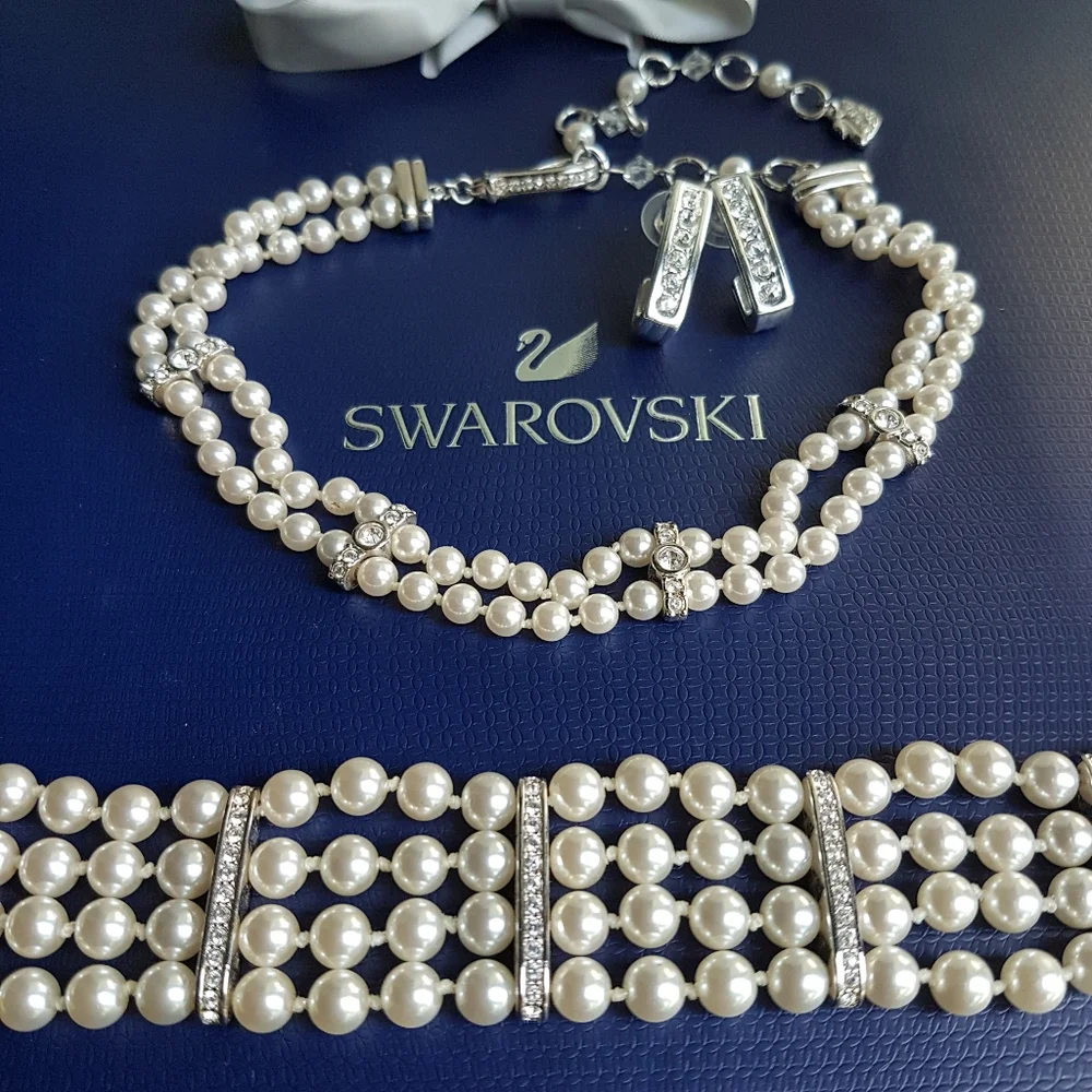 AUTHENTIC Swarovski Crystal Pearl Choker Necklace Tennis Bracelet Earrings SET - Picture 11 of 16